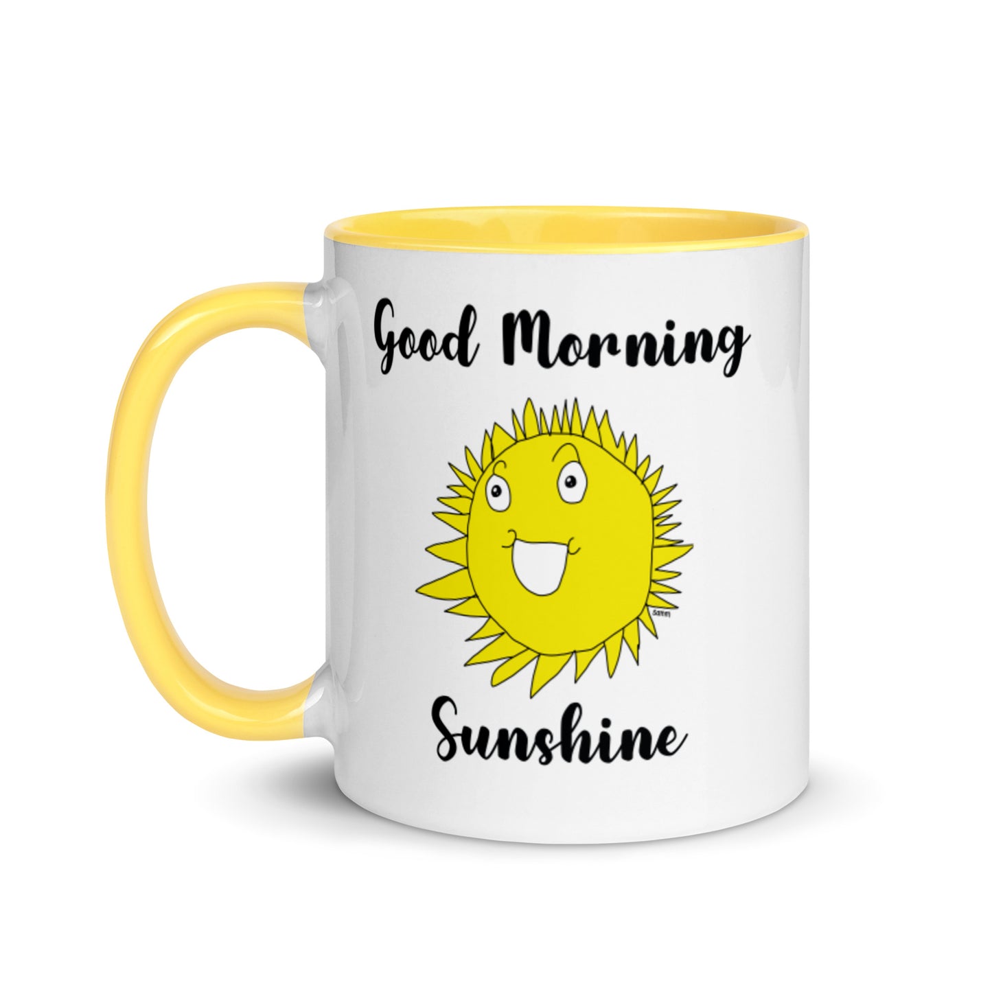 ceramic mug yellow handle and inside 11 oz hand-drawn sun by grand daughter words good morning above sun and sunshine below sun printed both sides