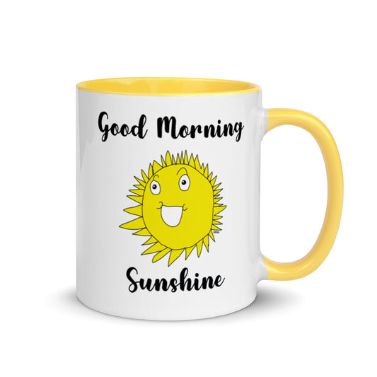 ceramic mug yellow handle and inside 11 oz hand-drawn sun by grand daughter words good morning above sun and sunshine below sun printed both sides