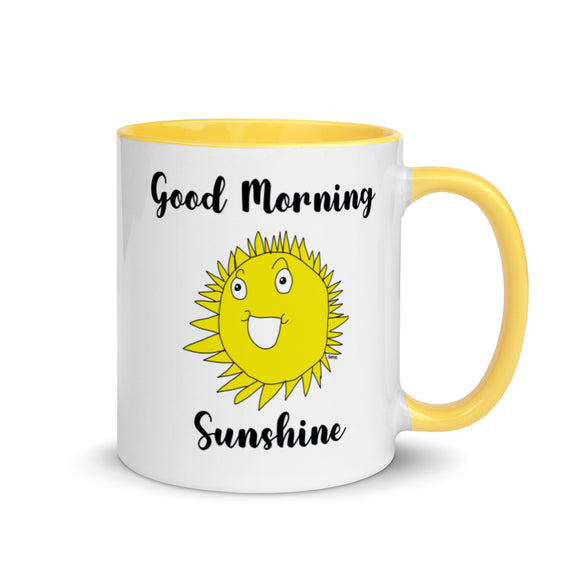 ceramic mug yellow handle and inside 11 oz hand-drawn sun by grand daughter words good morning above sun and sunshine below sun printed both sides